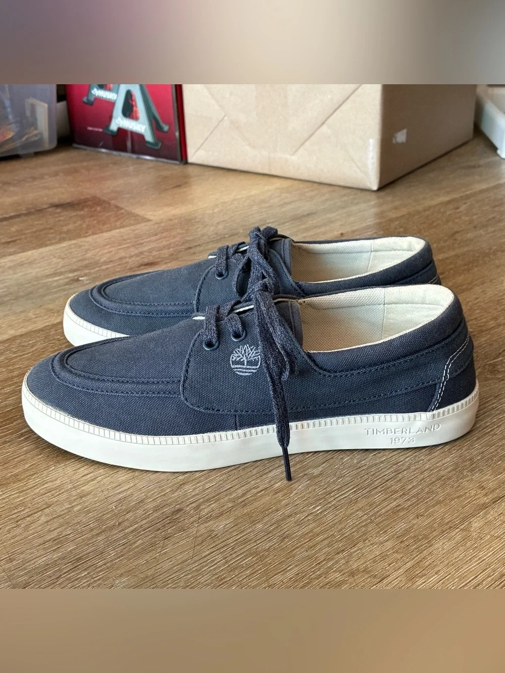 Timberland Newport Bay Navy Blue Canvas Boat Shoes Mens Shoes Size US 7.5 EU 41